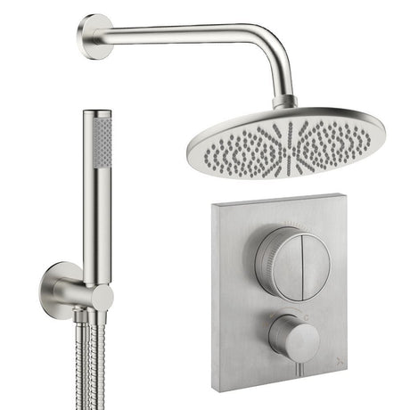 UK Bathroom Store Concealed Shower Set Brushed Nickel / Wall Arm / 300mm Crosswater Crossbox Push Shower Set 1 - 2 Outlet with Fixed Overhead Shower and Pencil Handset