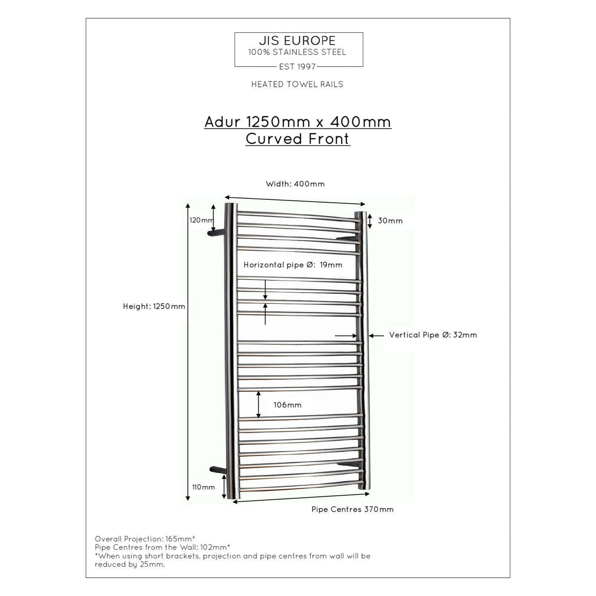 JIS Ladder Rail JIS Sussex Adur Vertical Stainless Steel Curved Heated Towel Rail