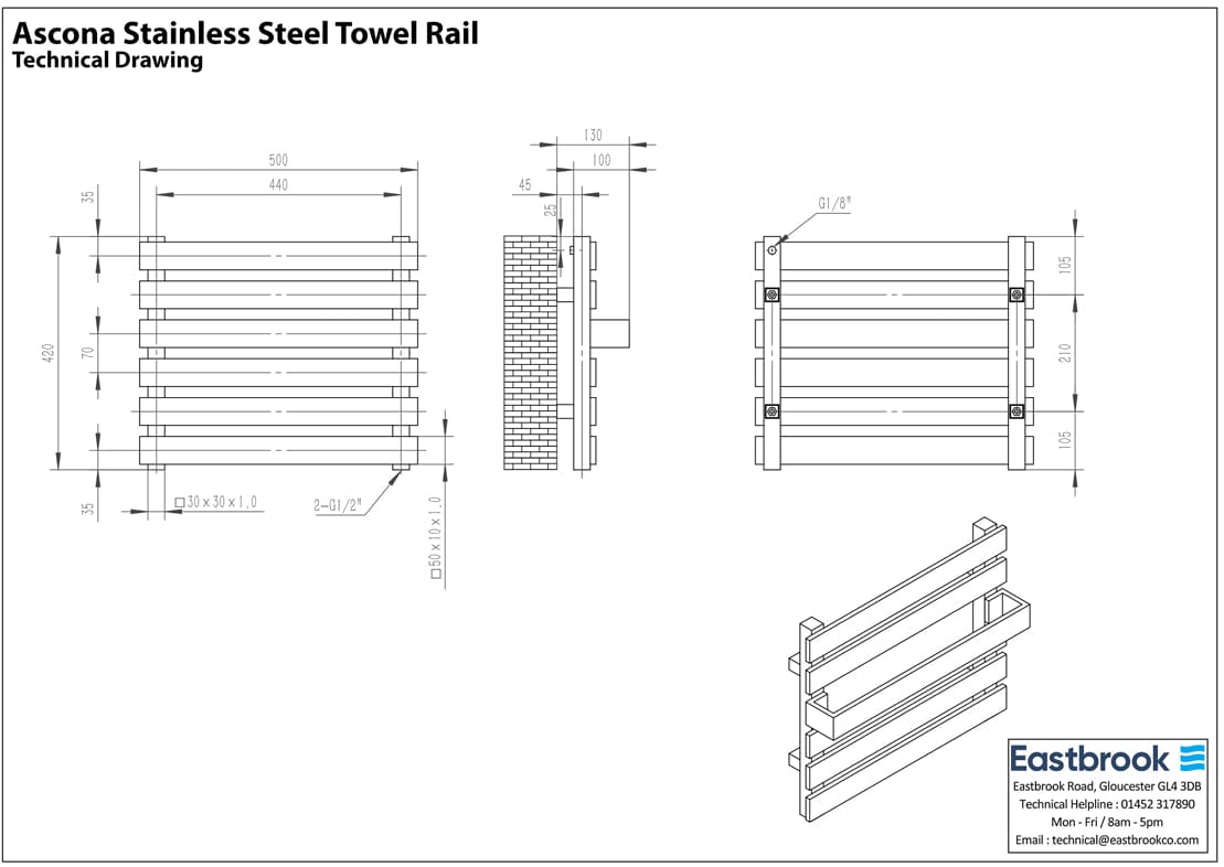 Eastbrook Designer Towel Radiator Eastbrook Ascona Straight Horizontal Towel Rail in Polished Stainless Steel