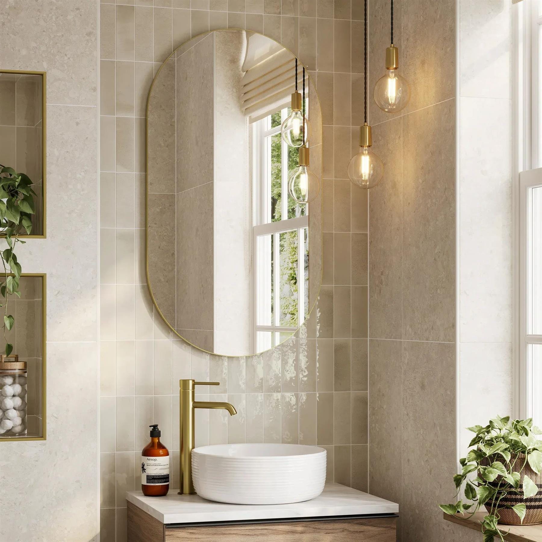 hib. Trim Pill Bathroom Mirror Brushed Brass in Beige Bathroom