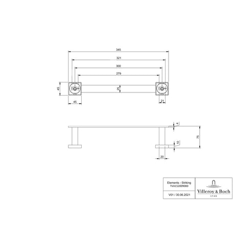 Vileroy & Boch Towel Rails and Rings Villeroy & Boch Elements Striking Towel Bar 345mm