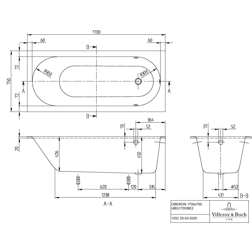 Villeroy and Boch Single Ended Bath Villeroy & Boch Oberon Quaryl Bath Tub