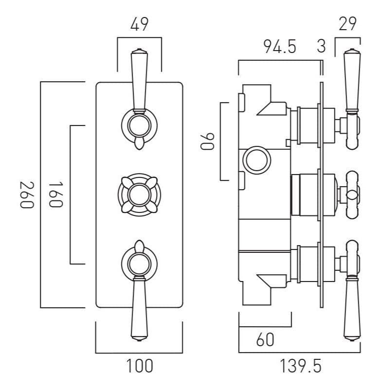 Vado Concealed Shower Valve Booth & Co. Axbridge 2 Outlet, 3 Handle Concealed Thermostatic Shower Valve
