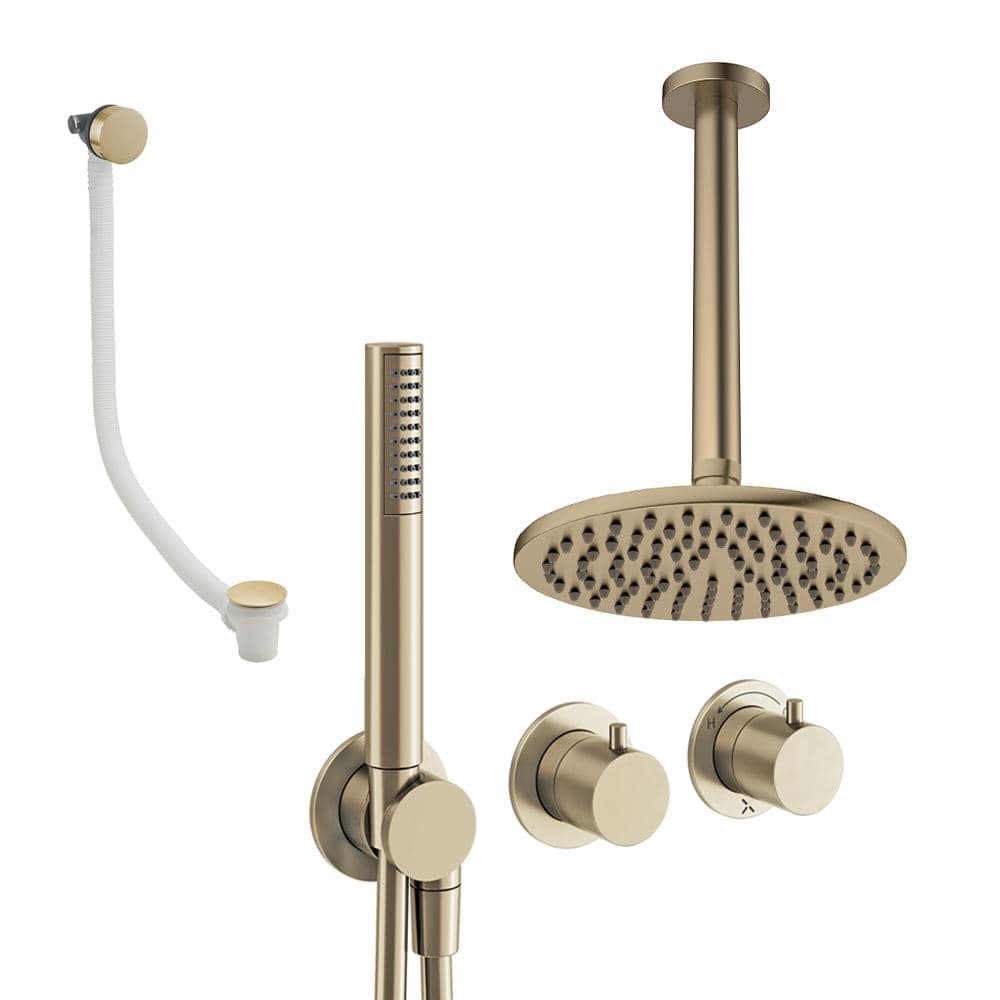 UK Bathroom Store Concealed Shower Set Brushed Brass / Ceiling Arm / 200mm Crosswater Module Shower Set 9 - 3 Outlet with Pencil Handset, Overhead Shower and Overflow Filler