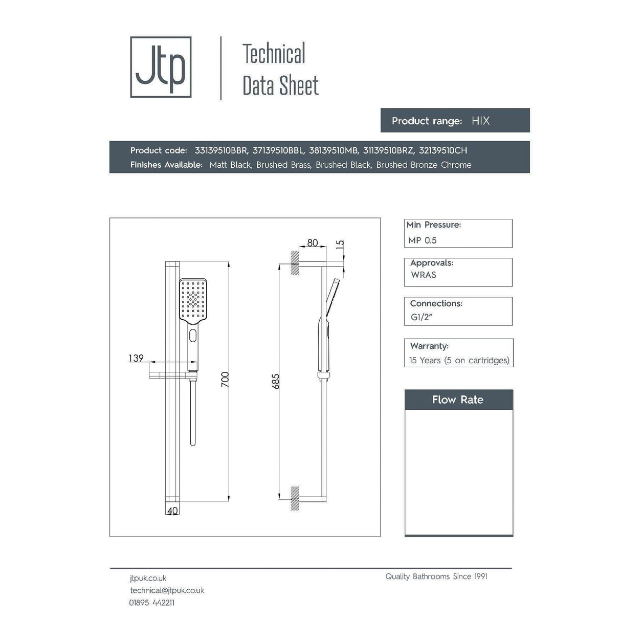 JTP Shower Riser Rail JTP HIX Shower Slide Rail with Handset and Hose