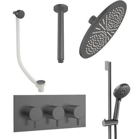 Crosswater Concealed Shower Set Slate / Ceiling Arm / 300mm Crosswater Design 3 Handle 3 Outlet Shower Set 9 with Slide Rail Kit, Rainfall Head and Overflow Bath Filler
