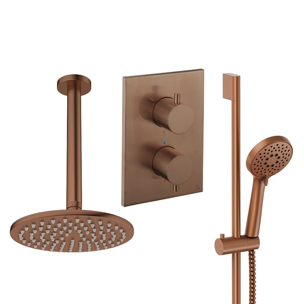 UK Bathroom Store Concealed Shower Set Brushed Bronze / Ceiling Arm / 200mm Crosswater Crossbox Shower Set 4 - 2 Outlet with Riser Rail Kit and Fixed Overhead Showerhead
