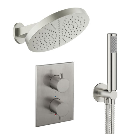 UK Bathroom Store Concealed Shower Set Brushed Nickel Crosswater Crossbox Shower Set 8 - 2 Outlet with Revive Steel Overhead Shower and Pencil Handset