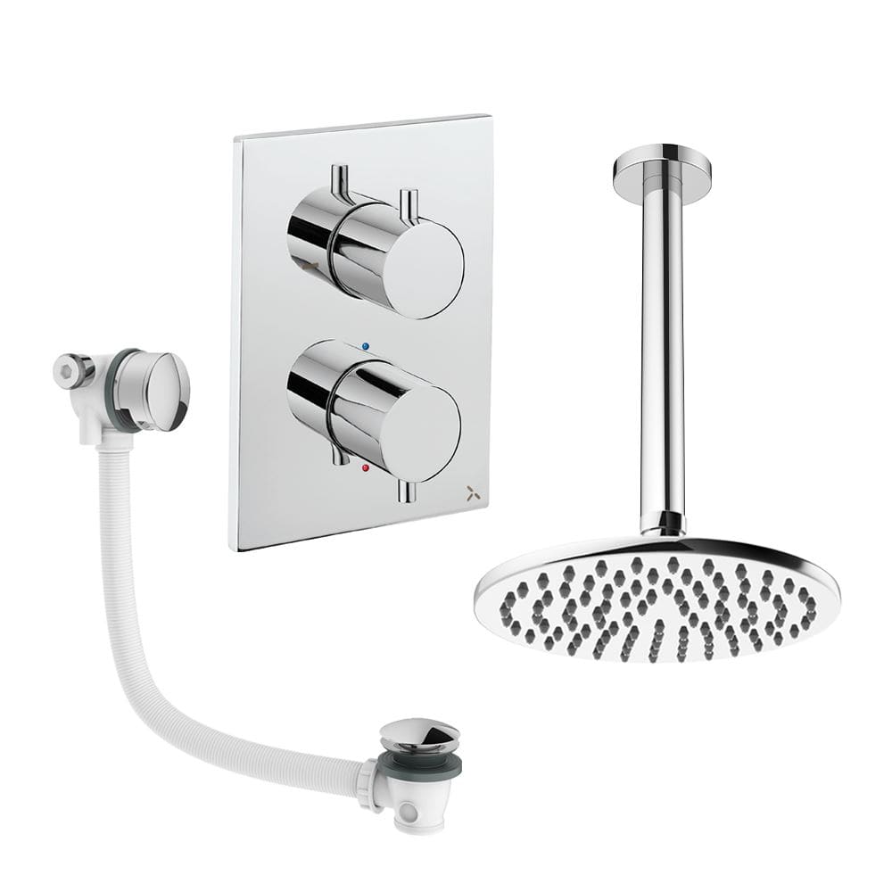 UK Bathroom Store Concealed Shower Set Chrome / Ceiling Arm / 200mm Crosswater Crossbox Shower Set 7 - 2 Outlet with Fixed Overhead Shower and Overflow Bath Filler Waste