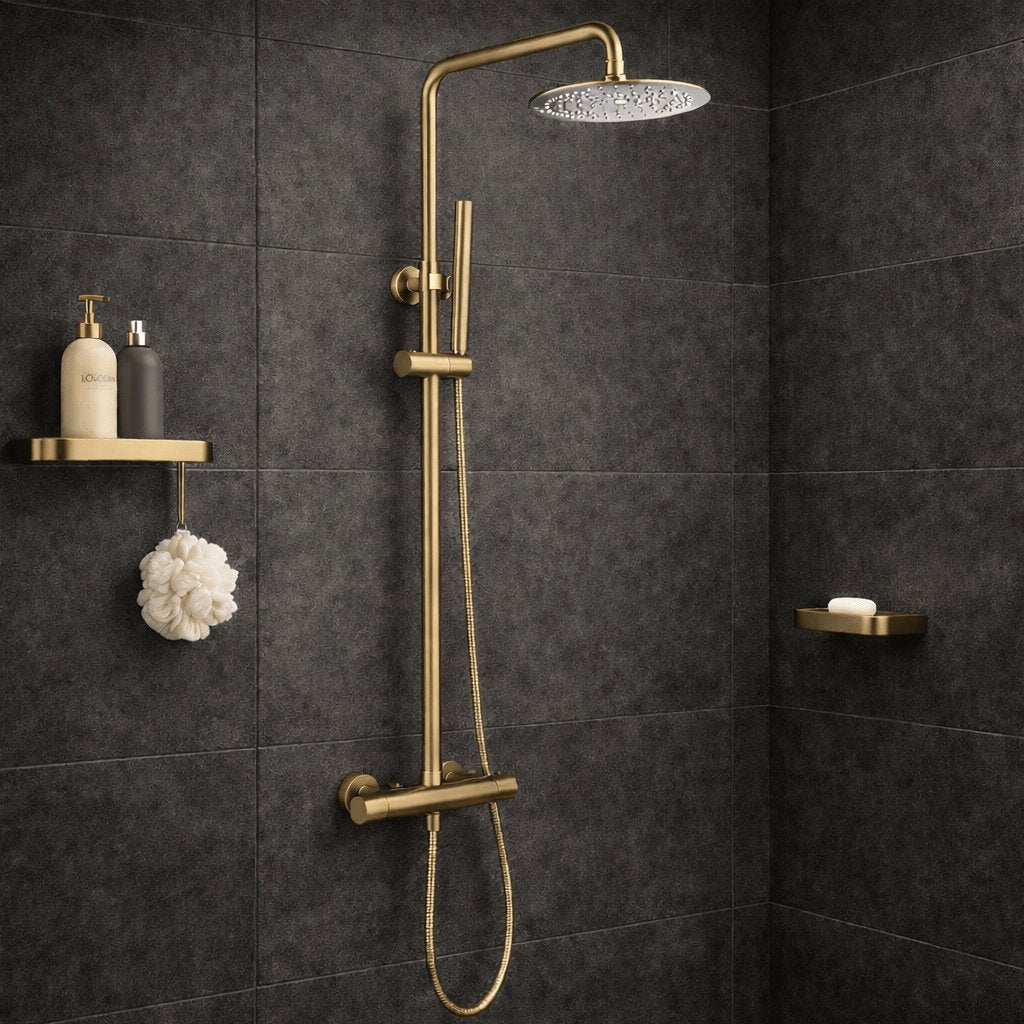 Aquarius Bathrooms Exposed Shower Set Brushed Brass Aquarius RainLux Cool Touch Adjustable Round Exposed Shower Valve and Kit