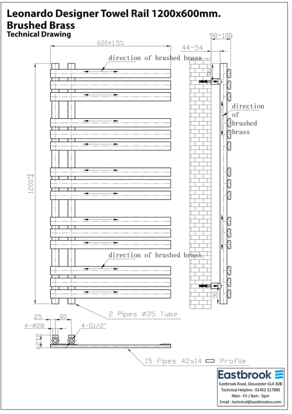 Eastbrook Designer Towel Radiator Eastbrook Leonardo Straight Vertical Heated Towel Rail in Brushed Brass