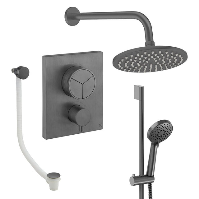UK Bathroom Store Concealed Shower Set Slate / Wall Arm / 200mm Crosswater Crossbox Push Shower Set 8 - 3 Outlet with Fixed Overhead Shower, Slide Rail Kit and Overflow Bath Filler Waste