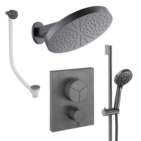 UK Bathroom Store Concealed Shower Set Slate Crosswater Crossbox Push Shower Set 10 - 3 Outlet with Revive Steel Overhead Shower, Slide Rail Kit and Overflow Bath Filler Waste