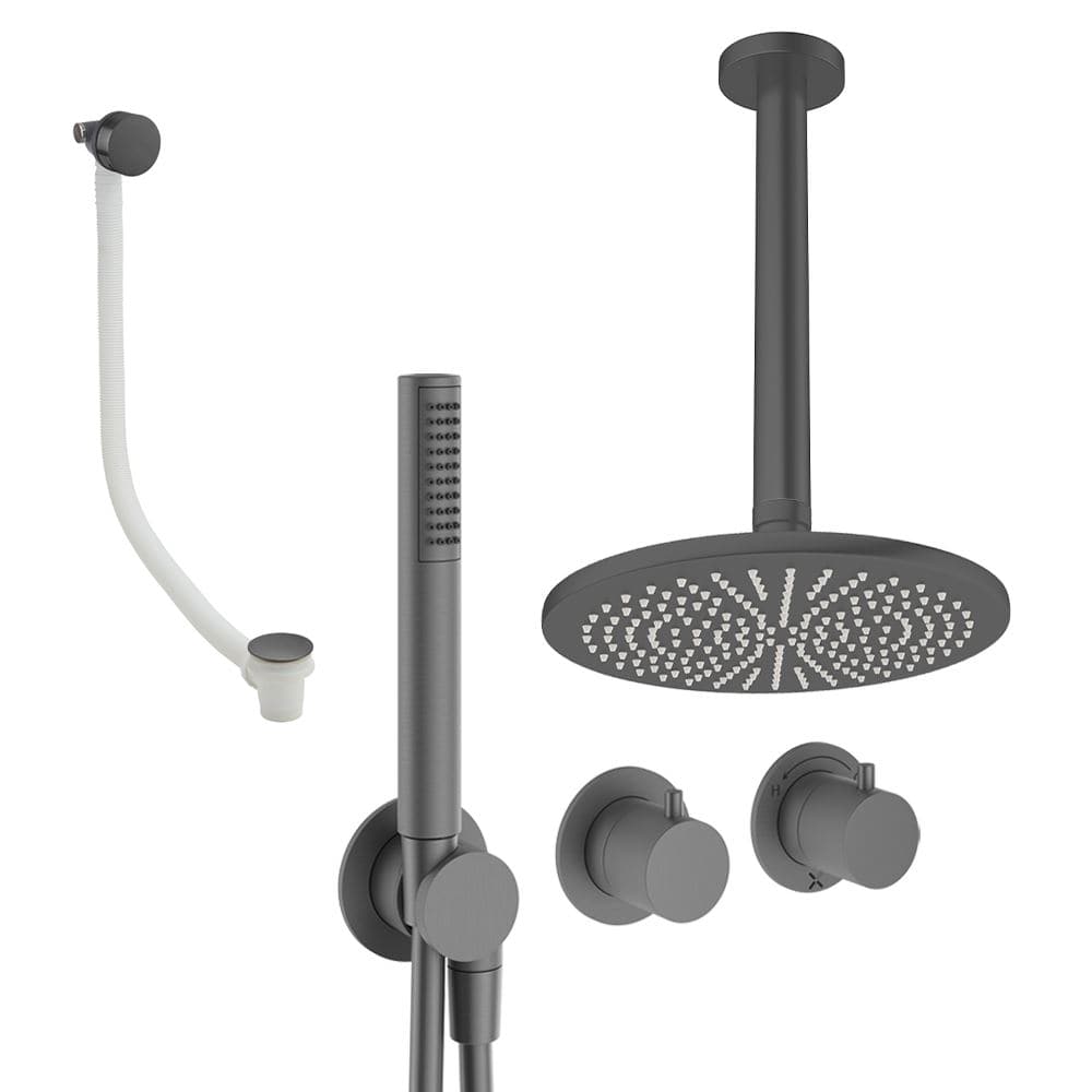 UK Bathroom Store Concealed Shower Set Slate / Ceiling Arm / 300mm Crosswater Module Shower Set 9 - 3 Outlet with Pencil Handset, Overhead Shower and Overflow Filler