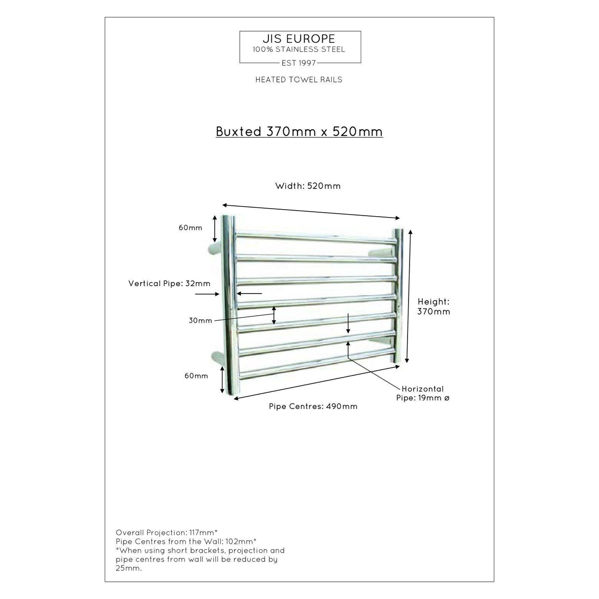 JIS Sussex Buxted Horizontal Stainless Steel Heated Towel Rail