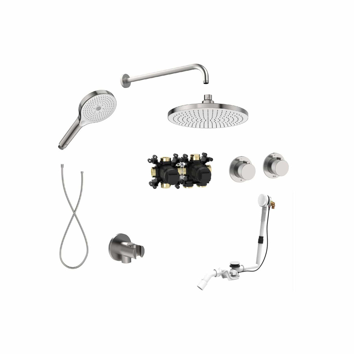 Roca Concealed Shower Set Stainless Steel Effect Roca T-Multi Thermostatic Concealed Shower Valve with Rainshower Head, Shower Handset and Overflow Bath Filler