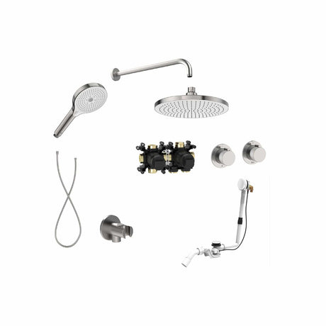 Roca Concealed Shower Set Stainless Steel Effect Roca T-Multi Thermostatic Concealed Shower Valve with Rainshower Head, Shower Handset and Overflow Bath Filler
