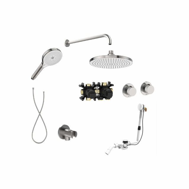 Roca Concealed Shower Set Stainless Steel Effect Roca T-Multi Thermostatic Concealed Shower Valve with Rainshower Head, Shower Handset and Overflow Bath Filler