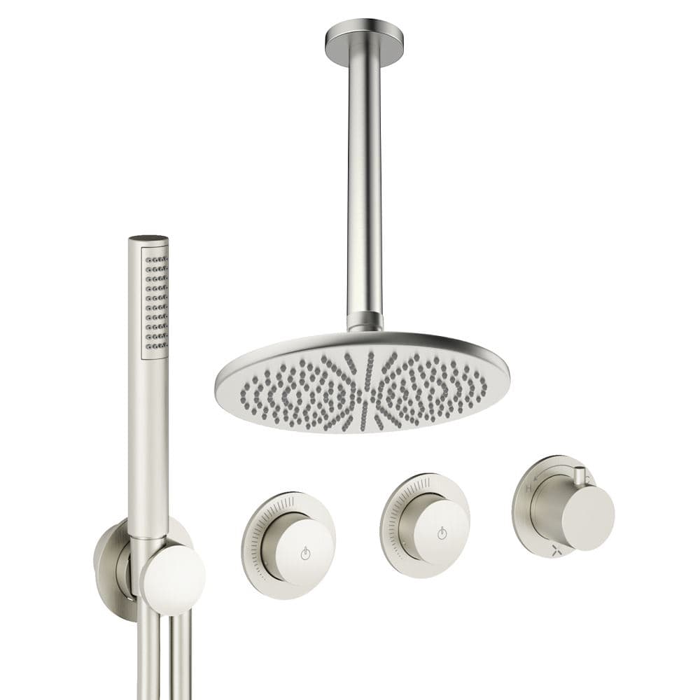UK Bathroom Store Concealed Shower Set Brushed Nickel / Ceiling Arm / 300mm Crosswater Module Shower Set 8 - 2 Outlet with Pencil Handset and Overhead Shower