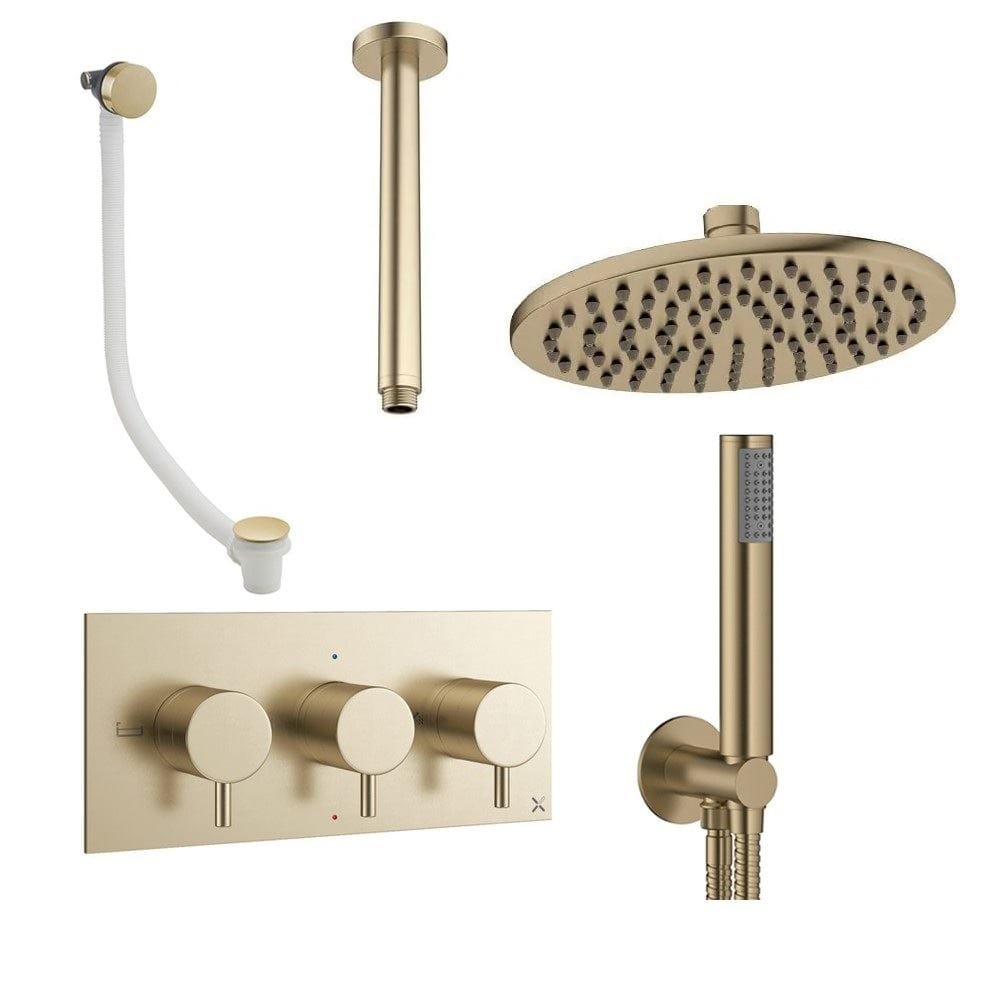 Crosswater Concealed Shower Set Brushed Brass / Ceiling Arm / 200mm Crosswater Design 3 Handle 3 Outlet Shower and Bath Filler Set 8