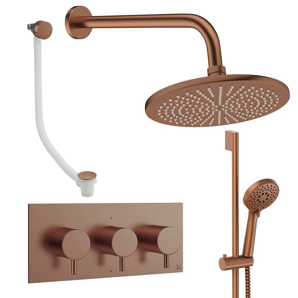 Crosswater Concealed Shower Set Brushed Bronze / Wall Arm / 300mm Crosswater Design 3 Handle 3 Outlet Shower Set 9 with Slide Rail Kit, Rainfall Head and Overflow Bath Filler