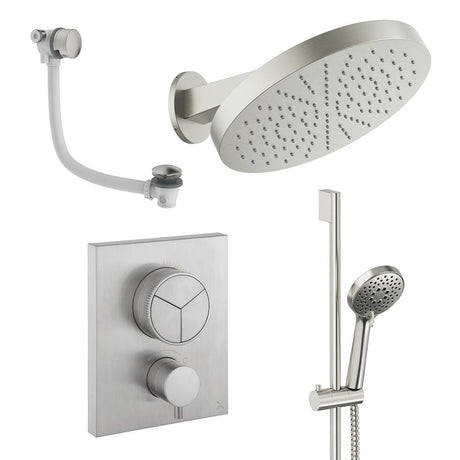 UK Bathroom Store Concealed Shower Set Brushed Nickel Crosswater Crossbox Push Shower Set 10 - 3 Outlet with Revive Steel Overhead Shower, Slide Rail Kit and Overflow Bath Filler Waste