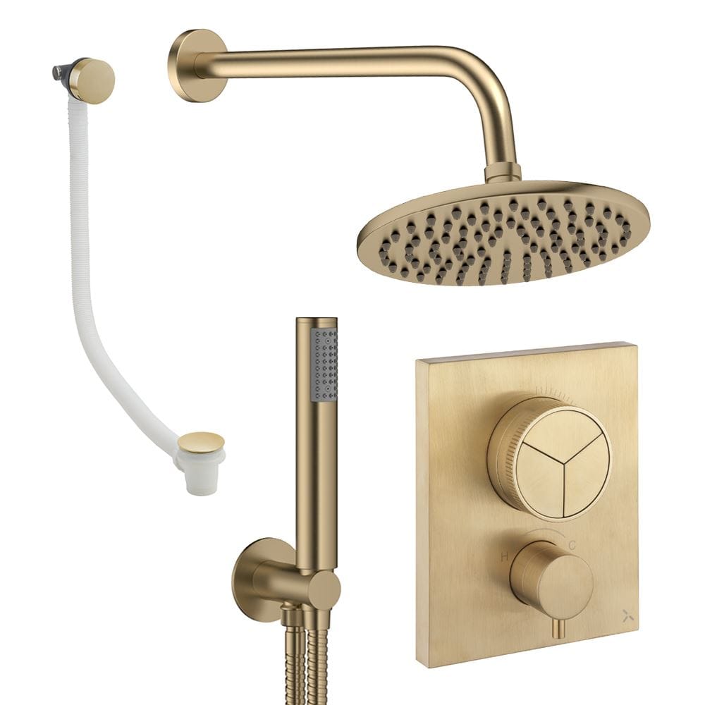UK Bathroom Store Concealed Shower Set Brushed Brass / Wall Arm / 200mm Crosswater Crossbox Push Shower Set 7 - 3 Outlet with Fixed Overhead Shower, Pencil Handset and Overflow Bath Filler Waste