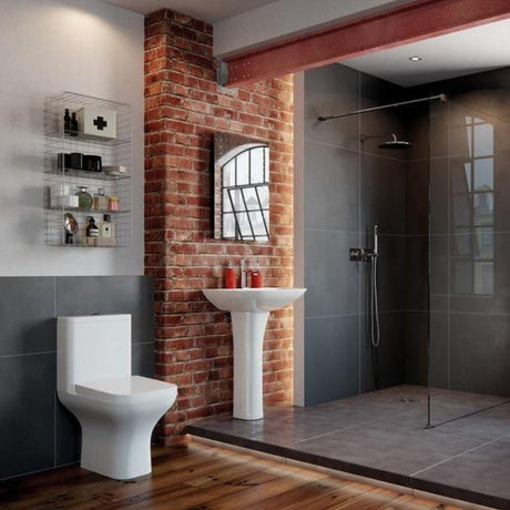 Aquarius Bathrooms Close Coupled Toilet Aquarius Sequoia Close Coupled Short Projection Open Back Rimless Toilet with Wrapover Soft Close Seat