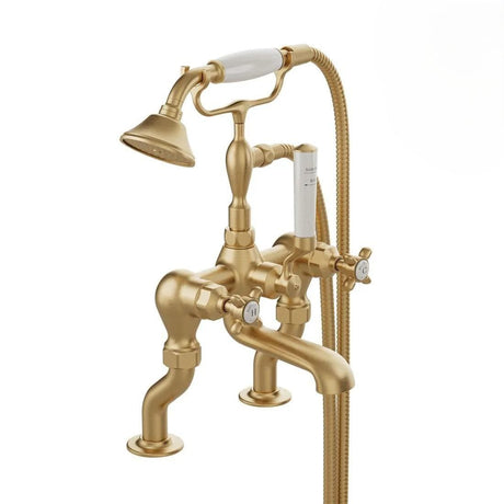 Vado Bath Shower Mixer Brushed Brass/Crackled White Booth & Co. Axbridge Crosshead Deck Mounted Bath Shower Mixer with Traditional Shower Handset