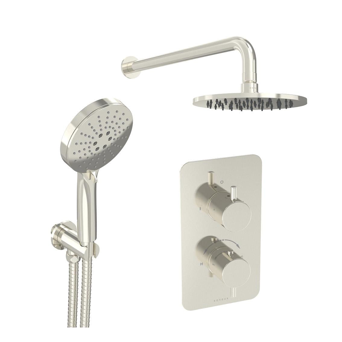 Saneux Concealed Shower Set Brushed Nickel Saneux COS 2 Outlet, 2 Handle Concealed Shower Valve Kit with 3 Function Handset and 200mm Shower Head