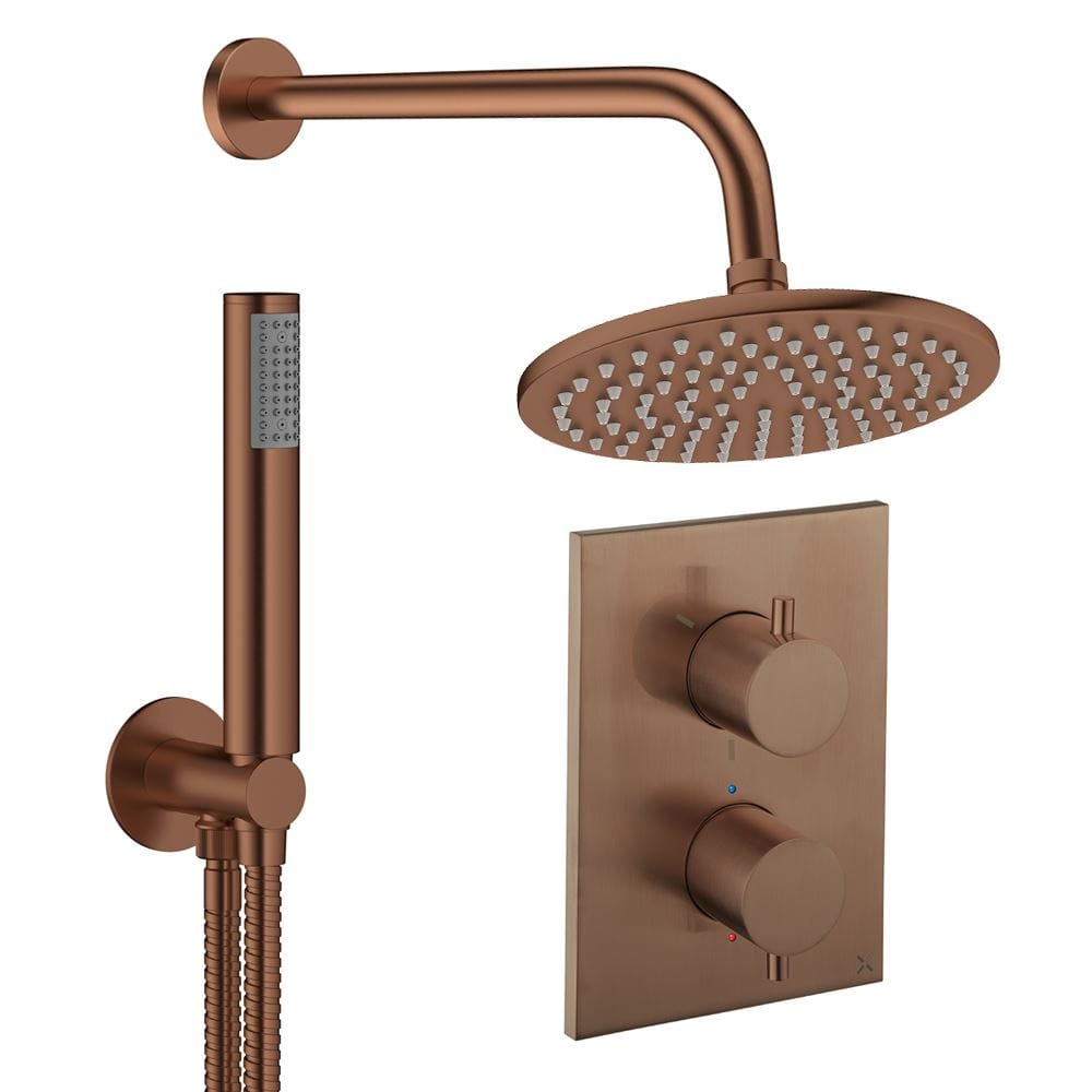 UK Bathroom Store Concealed Shower Set Brushed Bronze / Wall Arm / 200mm Crosswater Crossbox Shower Set 3 - 2 Outlet with Pencil Handset and Fixed Overhead Shower