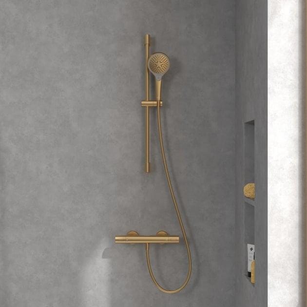 Villeroy & Boch Shower Riser Rail Brushed Gold Villeroy & Boch Verve Riser Rail Shower Kit with Three Function Handset