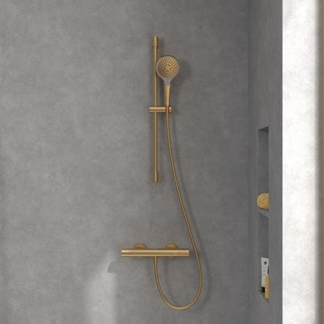 Villeroy & Boch Shower Riser Rail Brushed Gold Villeroy & Boch Verve Riser Rail Shower Kit with Three Function Handset