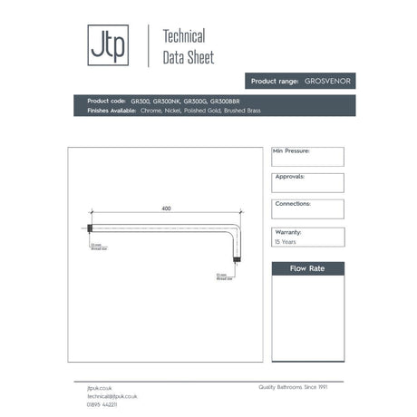 JTP Fixed Shower Arm JTP Grosvenor Wall Mounted 400mm Shower Arm