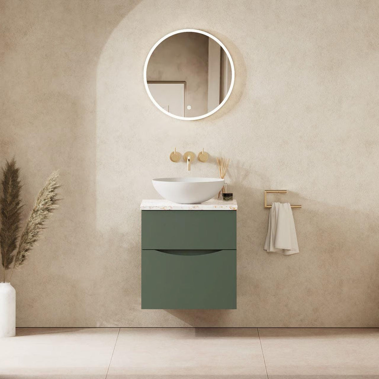 Crosswater Wall Mounted Vanity Unit 500mm / Sage Green / Gold Vein Estatuario Crosswater Glide II Wall Mounted Two Drawer Vanity Unit with Worktop
