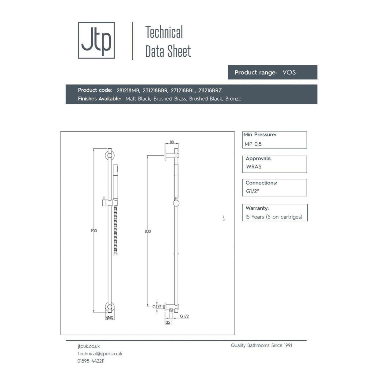 JTP Shower Riser Rail JTP VOS Slide Rail with Single Function Shower Handset and Hose with Bottom Outlet in Brushed Bronze