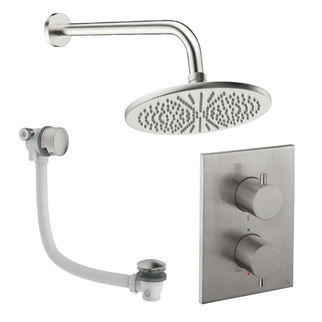 UK Bathroom Store Concealed Shower Set Brushed Nickel / Wall Arm / 300mm Crosswater Crossbox Shower Set 7 - 2 Outlet with Fixed Overhead Shower and Overflow Bath Filler Waste