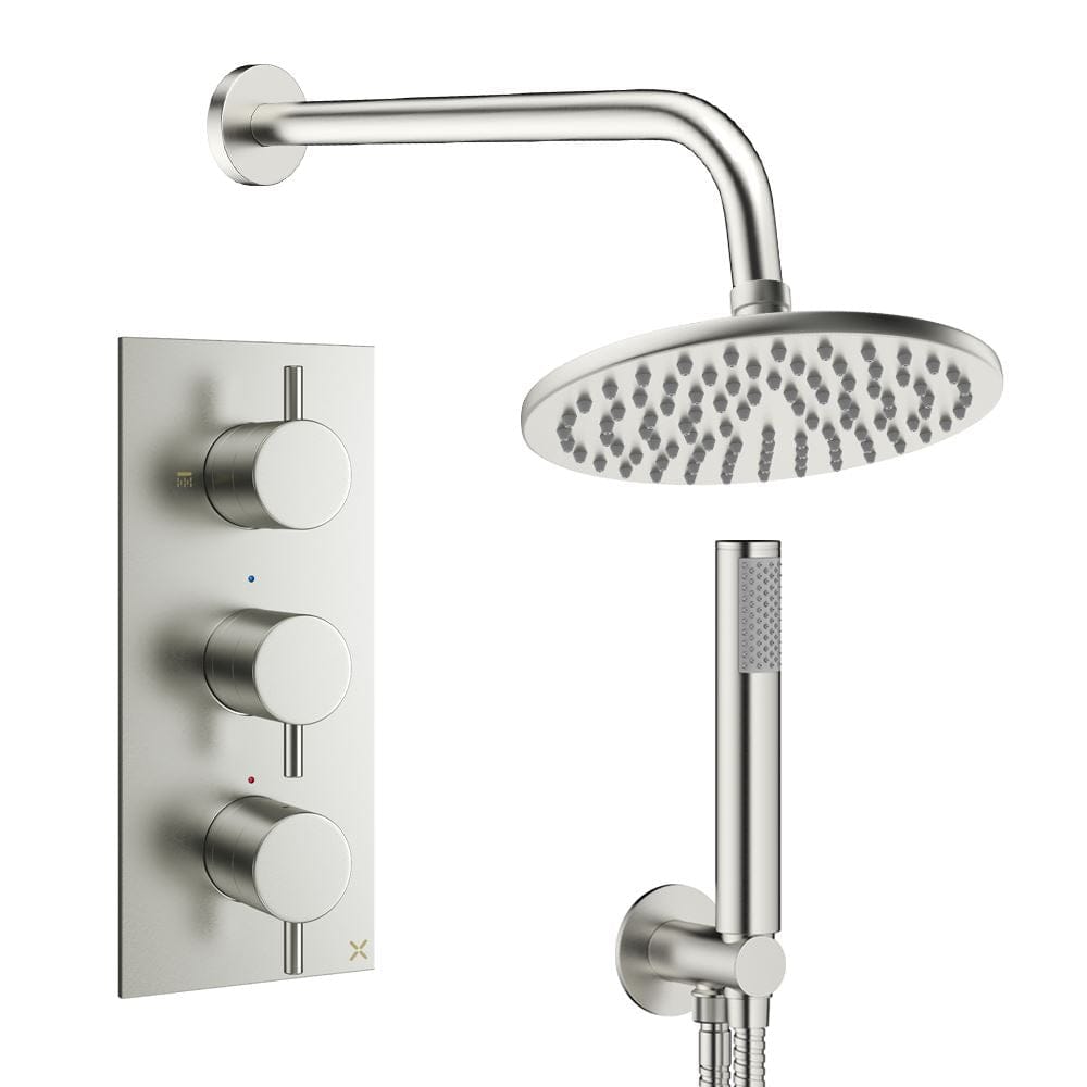Crosswater Concealed Shower Set Brushed Nickel / Wall Arm / 200mm Crosswater Design 3 Handle 2 Outlet Shower Set 7 with Pencil Handset and Rainfall Shower Head