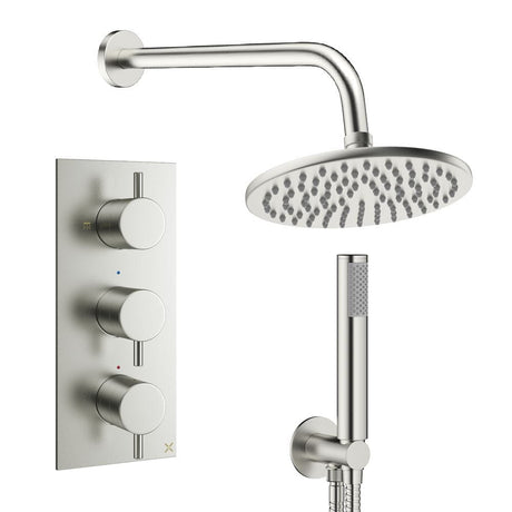 Crosswater Concealed Shower Set Brushed Nickel / Wall Arm / 200mm Crosswater Design 3 Handle 2 Outlet Shower Set 7 with Pencil Handset and Rainfall Shower Head