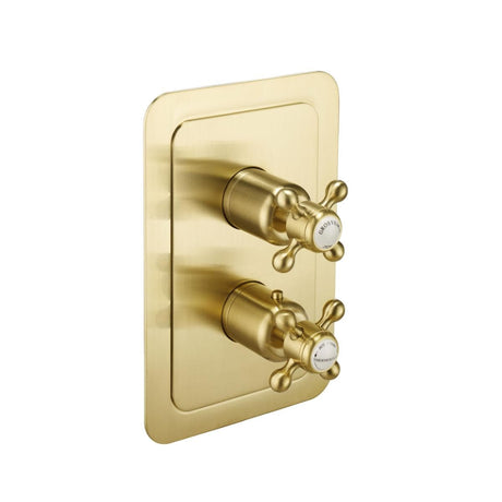 JTP Concealed Shower Valve Brushed Brass JTP Grosvenor Cross 2 Outlet, 2 Handle, Thermostatic Vertical Concealed Thermostatic Shower Valve