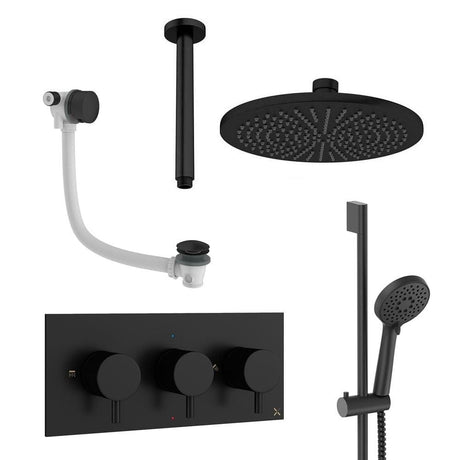 Crosswater Concealed Shower Set Matt Black / Ceiling Arm / 300mm Crosswater Design 3 Handle 3 Outlet Shower Set 9 with Slide Rail Kit, Rainfall Head and Overflow Bath Filler