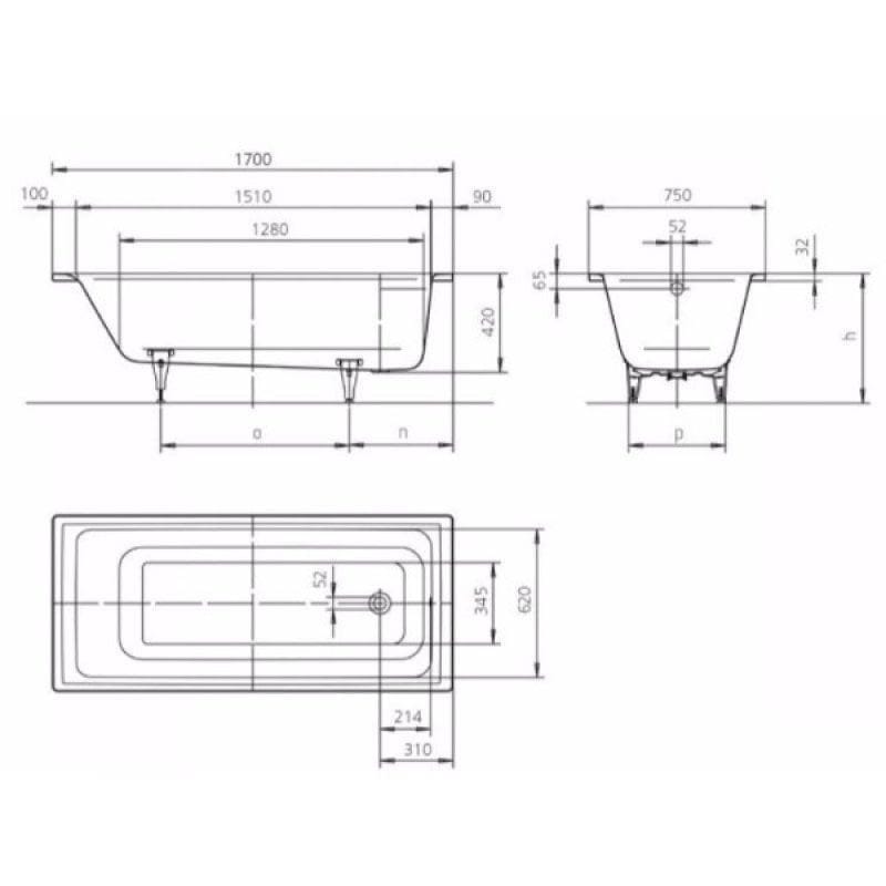 Kaldewei Single Ended Bath 1700 x 750mm / 0 Kaldewei Puro Single Ended Steel Bath with Leg Set