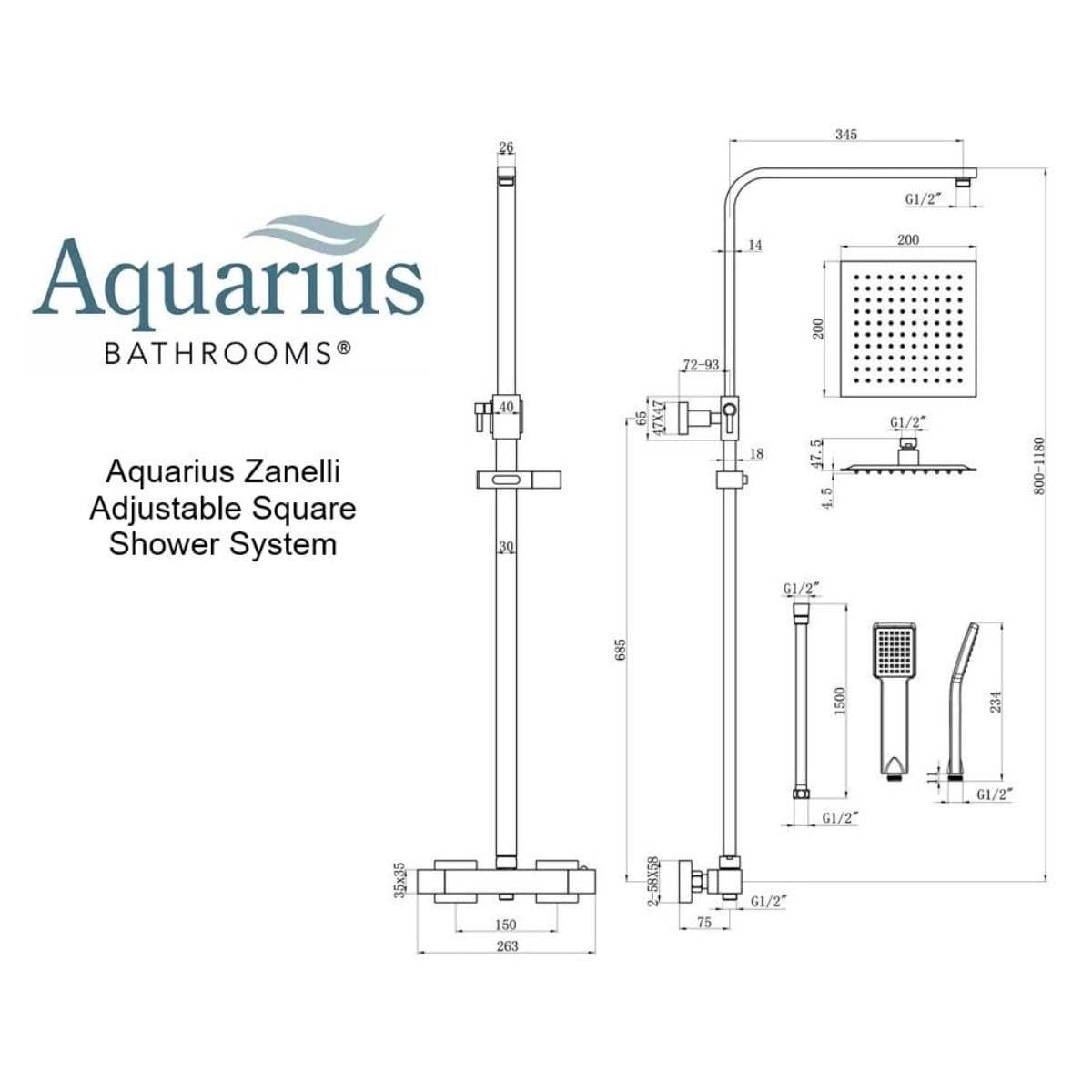 Aquarius Bathrooms Exposed Shower Set Aquarius Zanelli Square Exposed Valve Adjustable Shower Set with Shower Head and Handset in Brushed Bronze