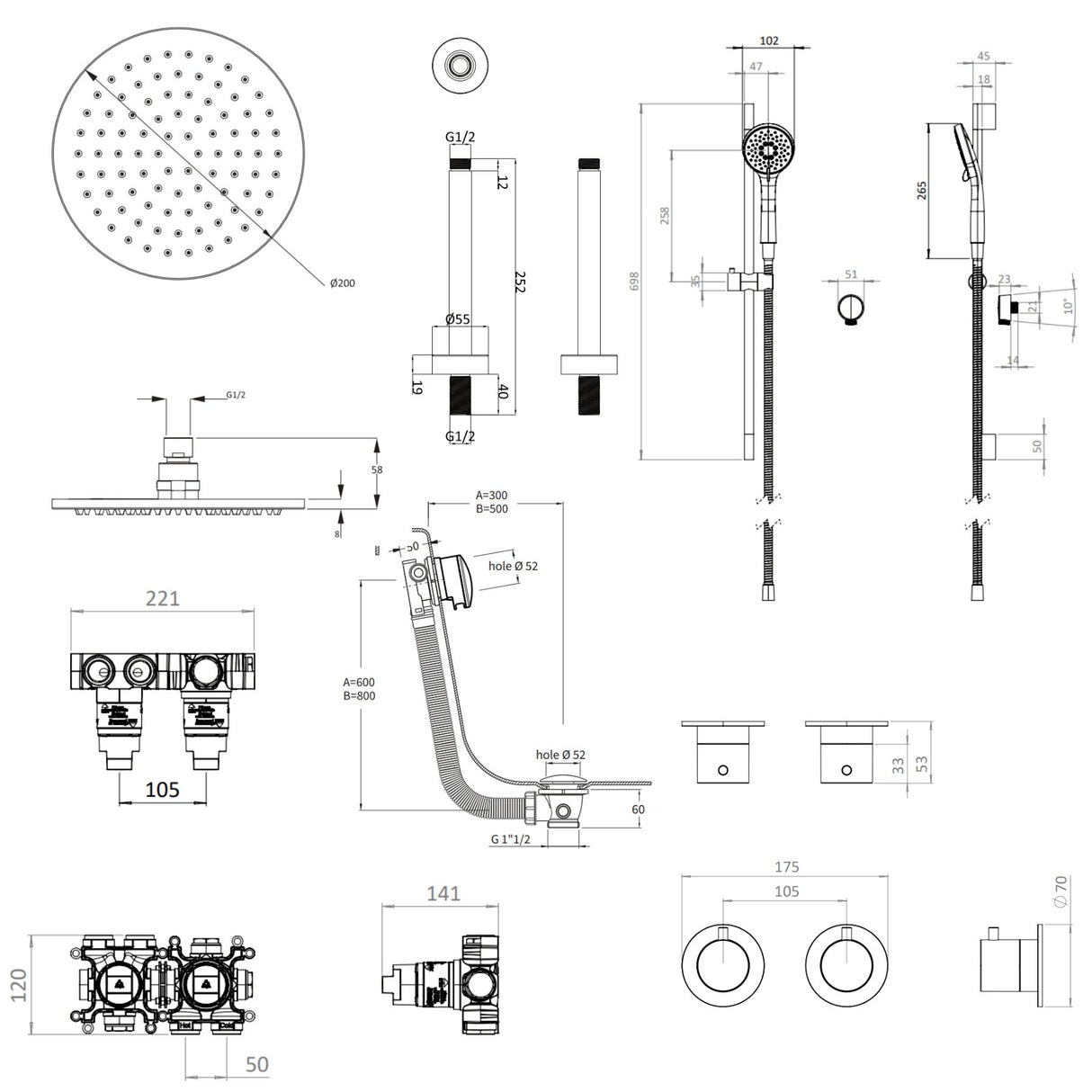 UK Bathroom Store Concealed Shower Set Crosswater Module Shower Set 7 - 3 Outlet with Riser Rail Kit, Overhead Shower and Overflow Bath Filler