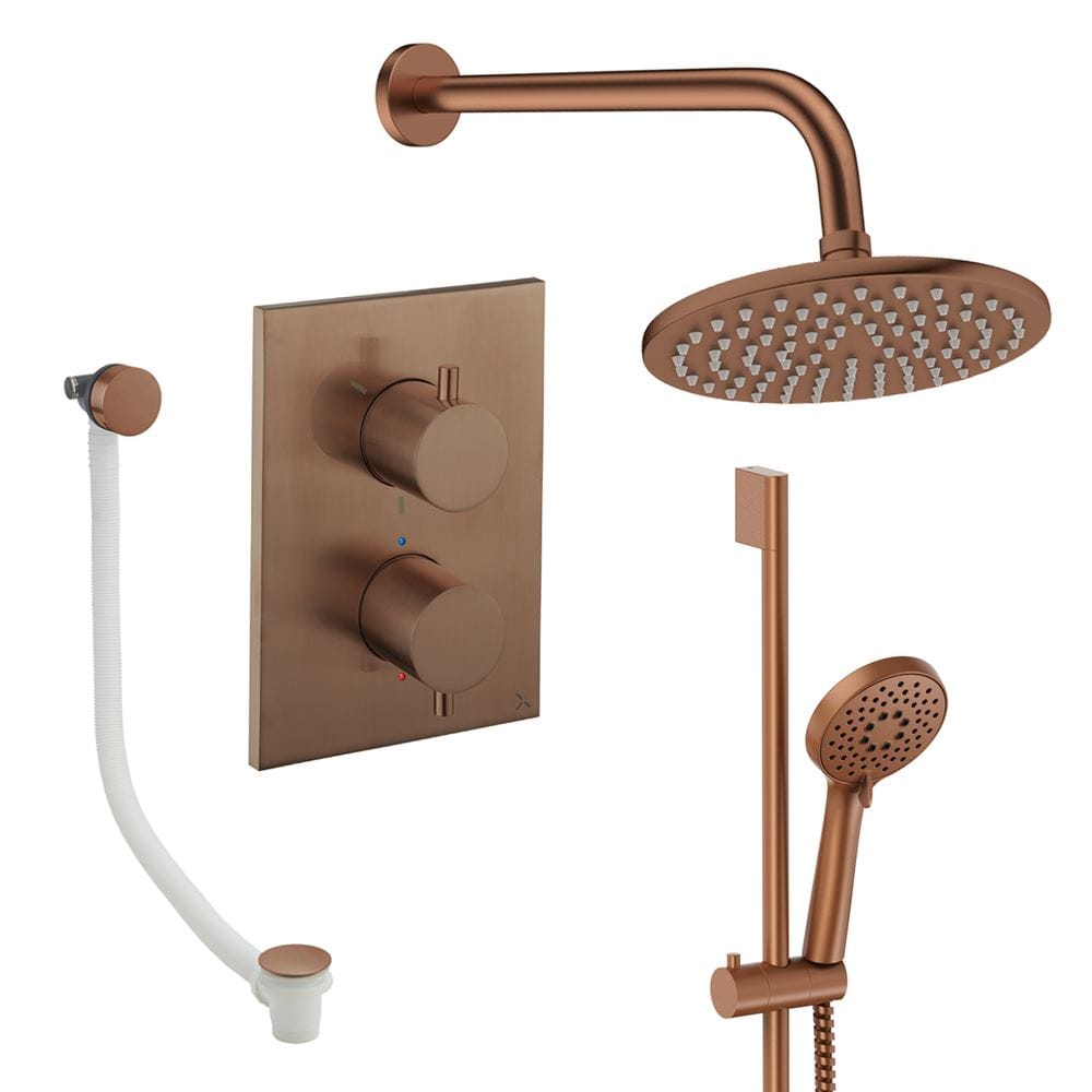 UK Bathroom Store Concealed Shower Set Brushed Bronze / Wall Arm / 200mm Crosswater Crossbox Shower Set 10 - 3 Outlet with Fixed Overhead Shower, Slide Rail Kit and Overflow Bath Filler Waste