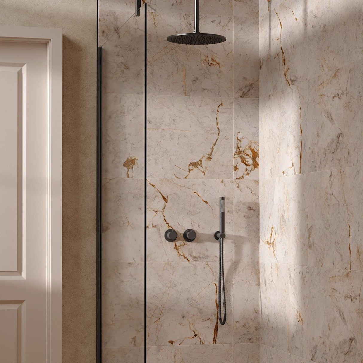 UK Bathroom Store Concealed Shower Set Slate / Ceiling Arm / 300mm Crosswater Module Shower Set 1 with Fixed Head and Pencil Handset