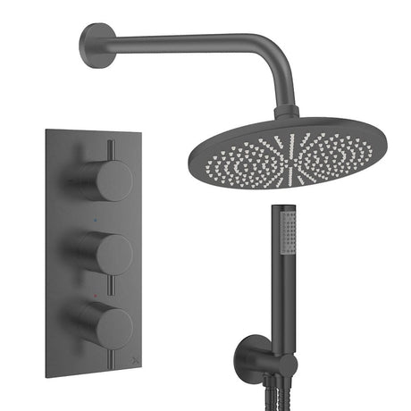 Crosswater Concealed Shower Set Slate / Wall Arm / 300mm Crosswater Design 3 Handle 2 Outlet Shower Set 7 with Pencil Handset and Rainfall Shower Head