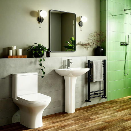 Aquarius Bathrooms Close Coupled Toilet Aquarius Sequoia Close Coupled Short Projection Open Back Rimless Toilet with Wrapover Soft Close Seat