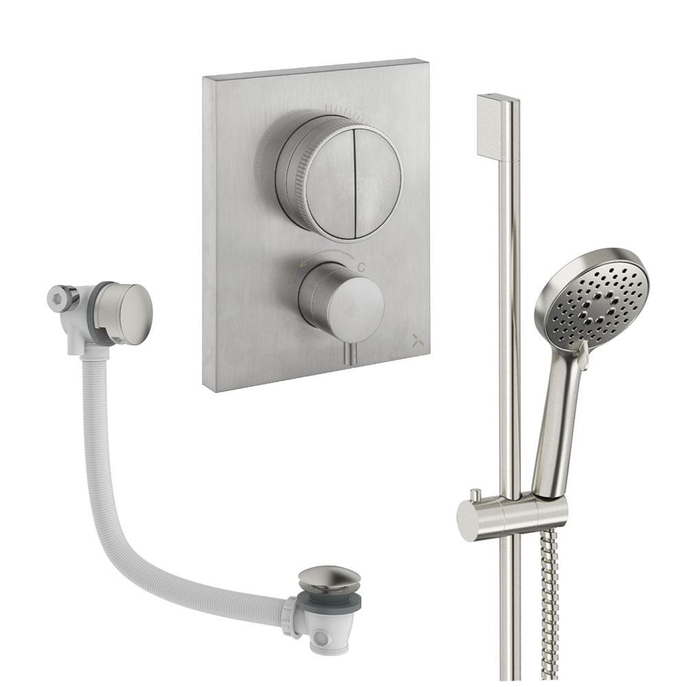 UK Bathroom Store Concealed Shower Set Brushed Nickel Crosswater Crossbox Push Shower Set 4 - 2 Outlet with Slide Rail Kit and Overflow Bath Filler Waste