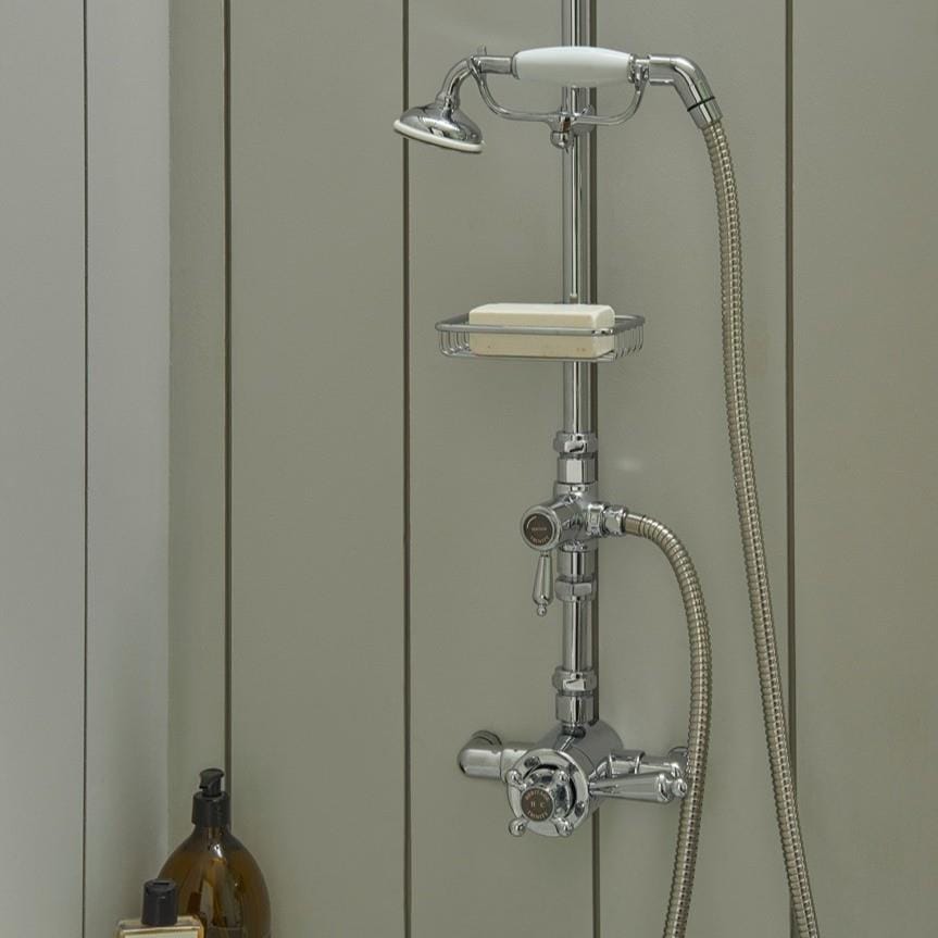 Heritage Exposed Shower Set Heritage Trinity Exposed Thermostatic Shower Valve with Shower Head and Fixed Riser Rail Set in Chrome